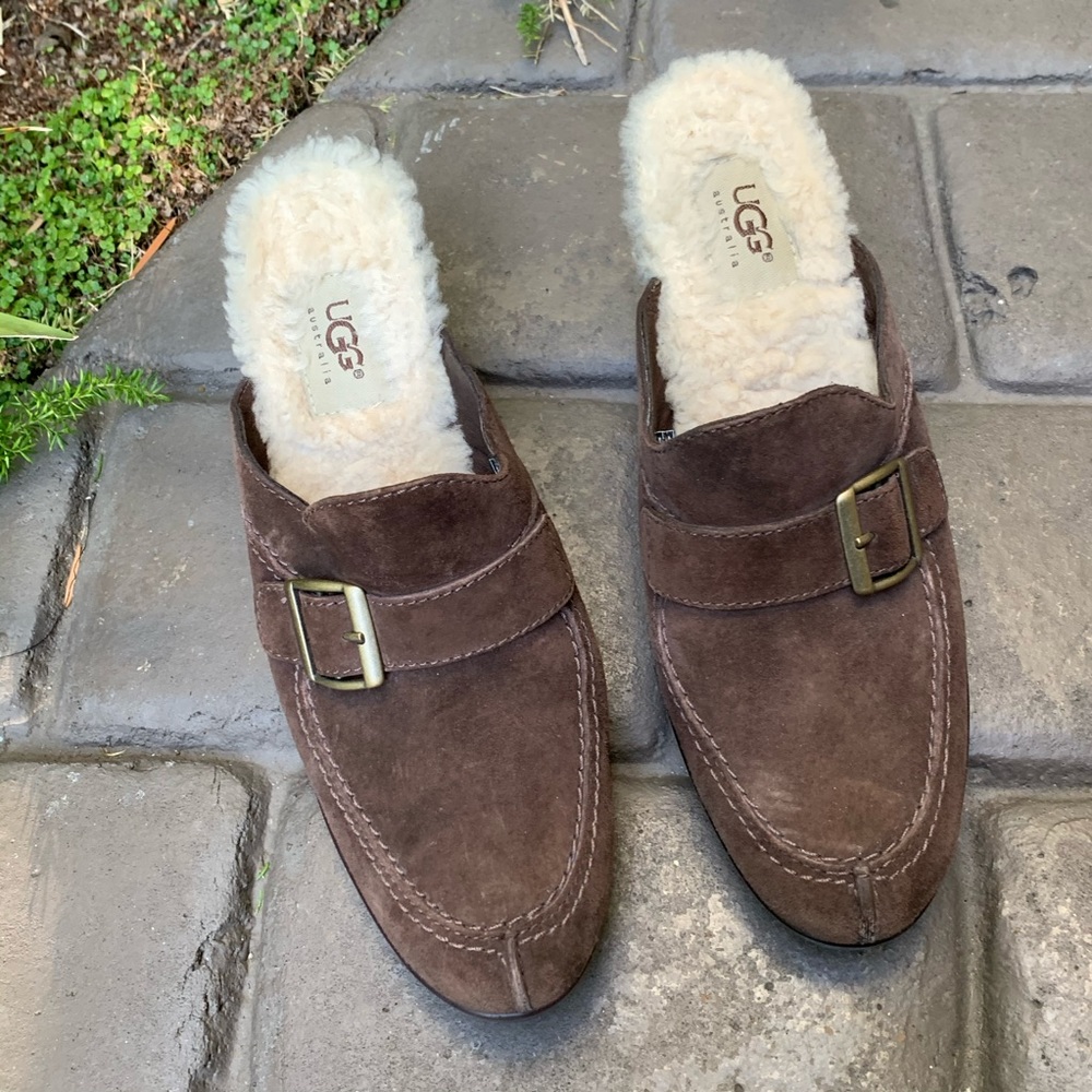 UGG Brown Suede Slides Leather Upper Womens Size 9